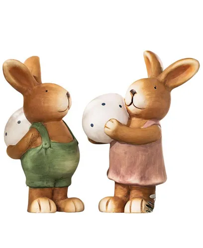 Dekoleidenschaft 2X Dekofigur Hase mit Osterei aus Terracotta - Sammlerfiguren: Süße 2er Set Dekofiguren für den Garten, handbemalt und ideal für die fröhliche Osterdekoration. Höhe: 26 cm.