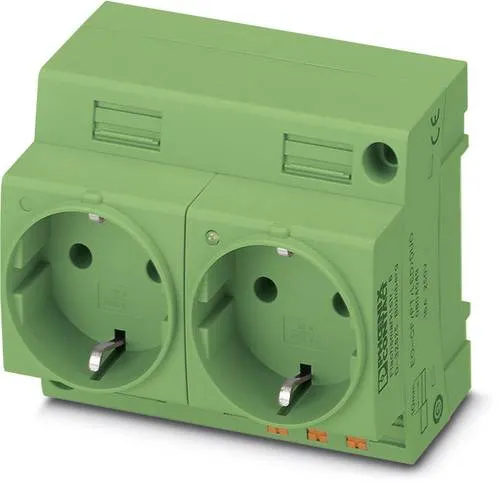 Phoenix Contact EO-CF/PT/LED/DUO/GN Steckdose - Doppelsteckdose mit Leuchtanzeige in grün, ideal zur Montage auf Tragschiene im Service-Interface, bietet Push-in-Federanschluss für einfache Installation.