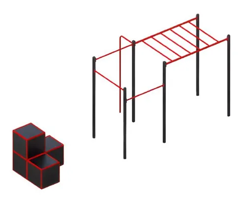 Trainingsmodule Straßensportgeräte - Klimmzugstangen & Slacklines für Kinder - Ideal für Kinder von 1-16 Jahren, fördert die Bewegung und Koordination. Modernes Design, sicher und stabil mit einer Höhe von 243 cm und einer Sicherheitszone von 913 x 489 cm.