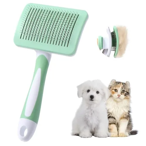 Vinabo Selbstreinigende Hundebürste für Kurzhaar & Langhaar, Tierhaarbürste für Hunde & Katzen, Unterfellbürste gegen Unterwolle & lose Haare, Fellbürste mit One-Click-Reinigung, Grün