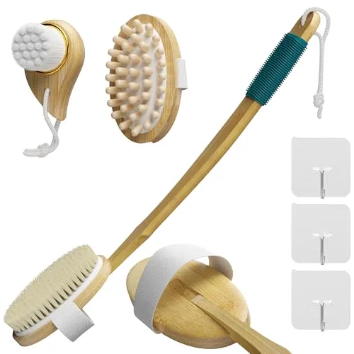 Bambus Badebürsten set | Lange Griffe mit 2 abnehmbare Bürstenkopf Borsten/Holzpartikeln | Tropfenförmige Wollbürste
