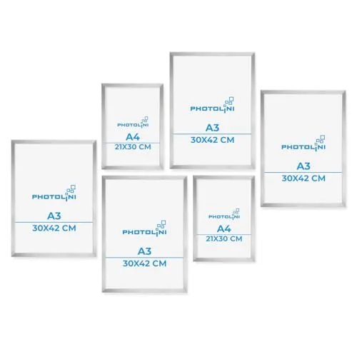 PHOTOLINI silberne Bilderrahmen Set verschiedene Größen, 6 Bilderrahmen Silber Holz MDF, Bilder Rahmen mit Acrylglas, No.8 Bilderrahmenset zum Aufhängen, Fotorahmen Set mit Zubehör für Fotos & Poster