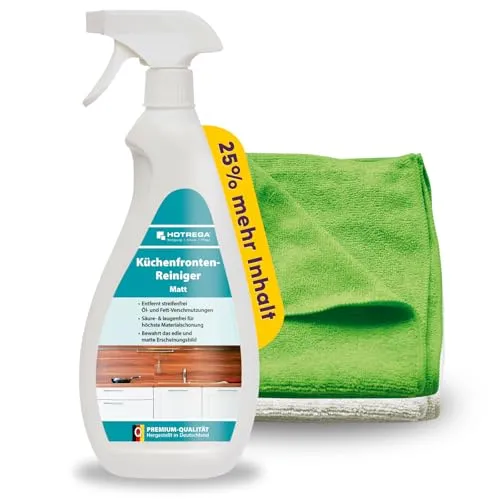 HOTREGA® Küchenfronten Reiniger matt 750ml mit 2 Tüchern - Effektiver Küchenreiniger für streifenfreie Resultate, ideal für mattierte Oberflächen. Die praktische Sprühflasche sorgt für einfache Anwendung in der Küche.