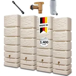 4rain Slim Stone Decor Wandtank-Set 1400 Liter sandbeige - Regentonne mit modernem Design, ideal zum umweltfreundlichen Gießen – sammelt Regenwasser effizient und passt perfekt an jede Wand.