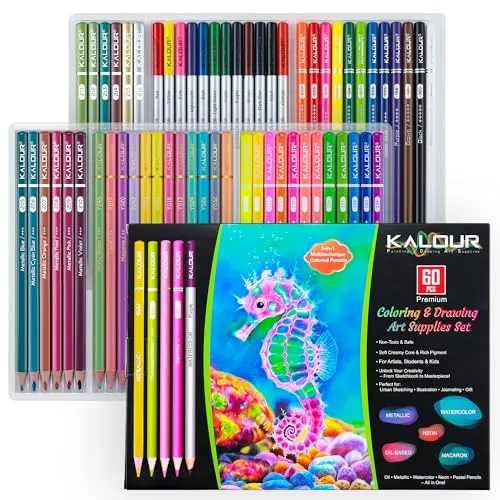 KALOUR Set von 60 künstlerischen Zeichenstiften, einschließlich ölbasierter Buntstifte, metallisiert, Aquarelle, Neon, Macaron. Ideal für Skizzen, Ausmalen und DIY-Projekte, Geschenk für Erwachsene