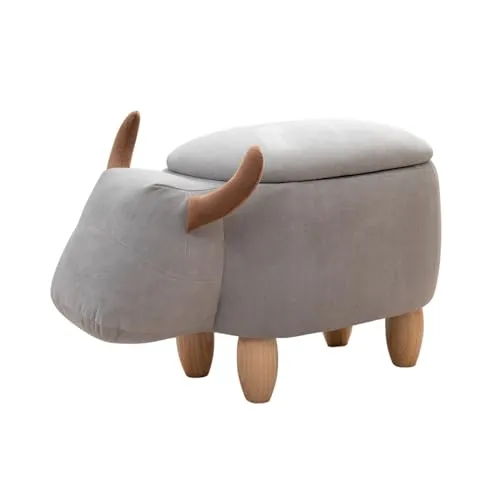 SVITA Tierhocker mit Stauraum - Stier Design - Hocker fürs Kinderzimmer mit integriertem Stauraum, ideal zur kreativen Aufbewahrung von Spielzeug und Büchern. Flauschig-weicher Bezug und stabile Holzbeine sorgen für Komfort und Langlebigkeit.