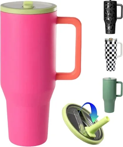 ZHUIYIWIN Thermobecher, Kaffeebecher to Go Thermobecher, Perfekt für Heiße & Kalte Getränke, Vakuum Auslaufsicher Trinkbecher mit Strohhalm und Henkel (Korallen, 30OZ)