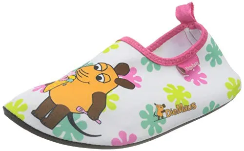 Playshoes Jungen Unisex Kinder Barfuß Badeslipper Aqua-Schuhe Blumen, Weiß Rosa die Maus, 18/19 EU