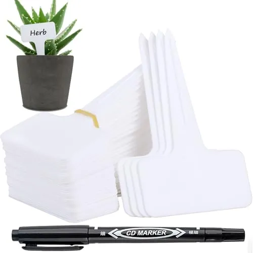 Stk T-Form Pflanzenstecker Plastik Weiß Wiederverwendbare Wasserdichte Pflanzenschilder mit Schwarzem Marker,UV- & Wetterfest für Zierpflanzen,Kräuter,Blumen,Töpfe,Garten 100