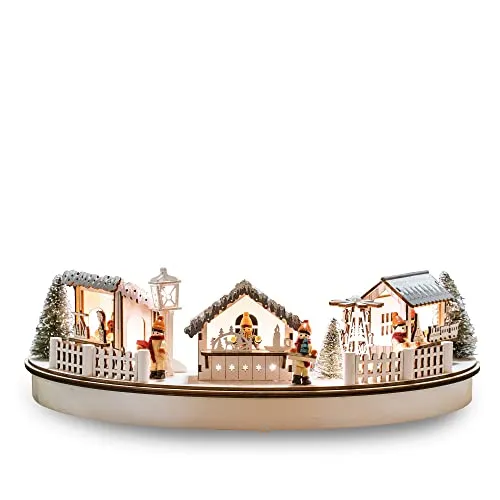 Hellum LED Holz-Weihnachtsmarkt-Szenerie im Halbkreis, mit 6h-Timer, 1 LED, warmweiß, Ø ca. 39cm, batteriebetrieben (2x AA, nicht enthalten), innen IP20, Dekoration, Weihnachtsdekoration, 524604