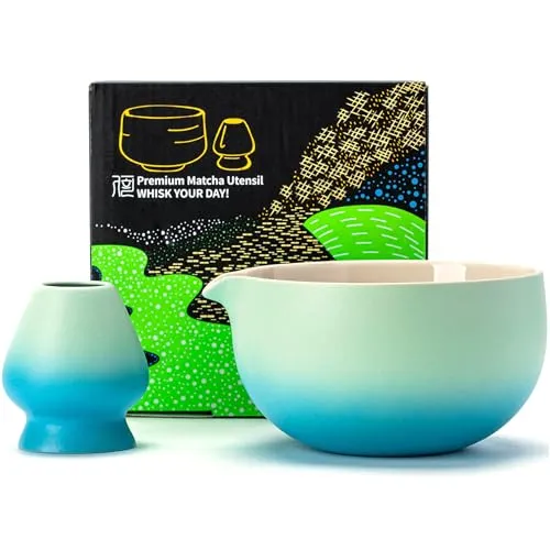 TEANAGOO Japanische Matcha-Schüssel aus Keramik mit Schneebesenhalter, 530 ml, K31, blau-weißer Farbverlauf, Chawan-Matcha-Teeschale, Matcha-Keramikschale, Teeschalen für Matcha,…
