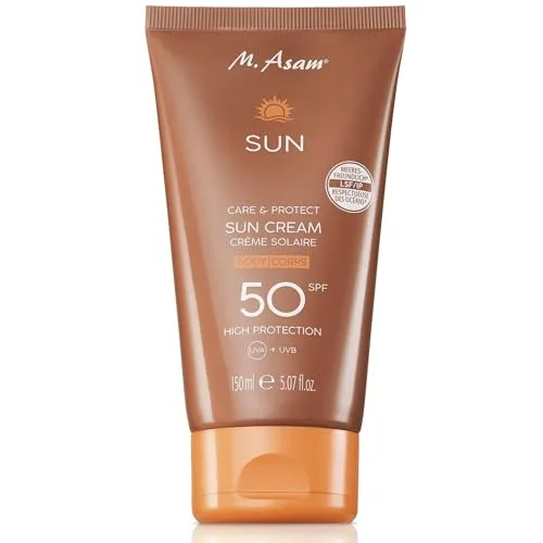 M.Asam Sonnencreme SUN Care und Protect, LSF 50 - wasserfest - Sonnenschutzmittel mit LSF 50, ideal für normale Haut. Wasserfest und schnell einziehend, schützt vor Sonnenbrand und Hautalterung. Pflege mit Sheabutter und Vitamin E, vegan und korallenfreundlich.
