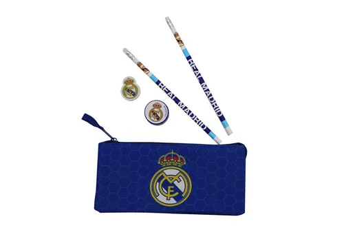 Real Madrid Federmäppchen Schreibset mit Etui, 2 Bleistiften, Radiergummi und Spitzer