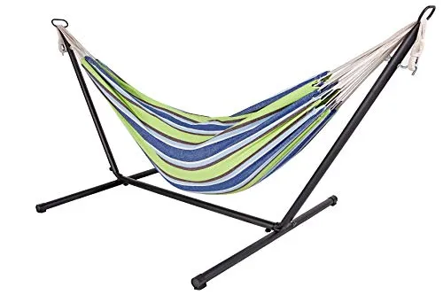 Outdoor Doppel Hängematte mit Gestell - grün blau, 2 Personen - Hängematte für 2 Personen mit stabilen Stahlgestell, bis 150 Kg belastbar und höhenverstellbar. Perfekt für entspannte Stunden im Freien!