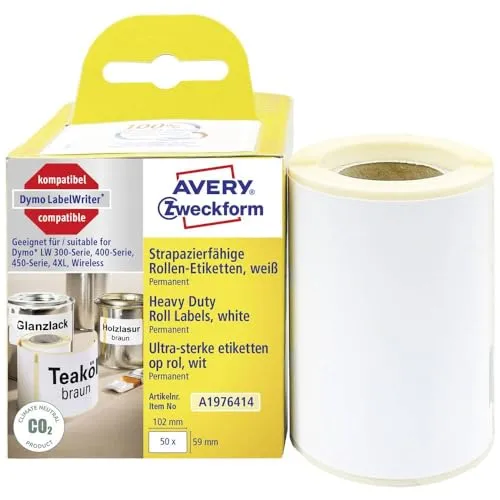 AVERY Zweckform A1976414 Dymo LabelWriter wetterfeste Etiketten kompatibel zu 1976414 (59x102mm, 1 Rolle|50 Kunststoff Aufkleber, selbstklebend, für LW Dymo Etikettendrucker, Beschriftungsgerät)