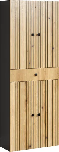 trendteam Bad Hochschrank Pure Bliss - Eiche/Anthrazit - Kommode für das Bad, mit 4 Türen und 4 Einlegeböden, in trendiger Rillenoptik. Melaminbeschichtet, widerstandsfähig und ideal für den Nassraum.