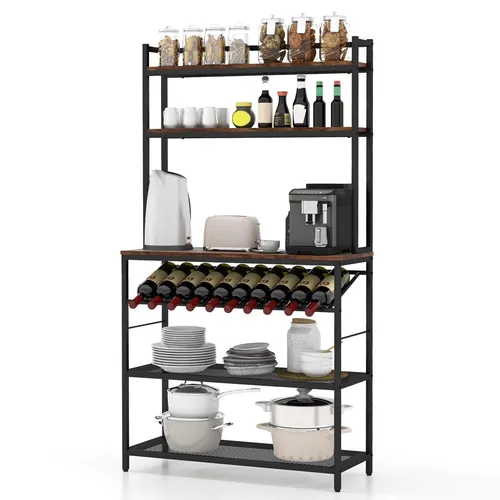 GOPLUS Küchenregal mit Weinhalter für 10 Flaschen - Küchenregal im Industriestil mit 6 Etagen, bietet Platz für Küchengeräte und Gewürze. Abgewinkeltes Weinregal für einfachen Zugang zu 10 Flaschen, stabil und platzsparend.