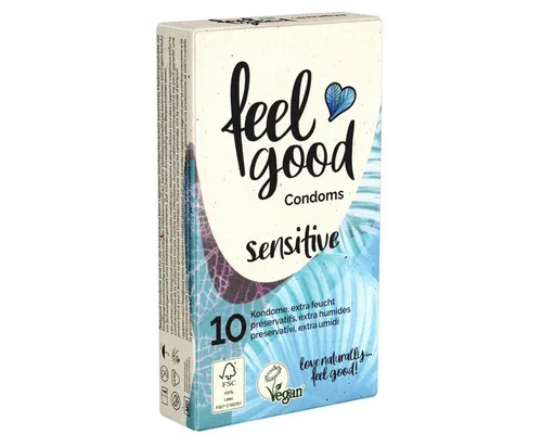 feelgood Condoms Kondome Sensitive Packung mit, 10 St., Kondome ohne tierische Inhaltsstoffe, vegane, extra befeuchte und gleitfähige Kondome