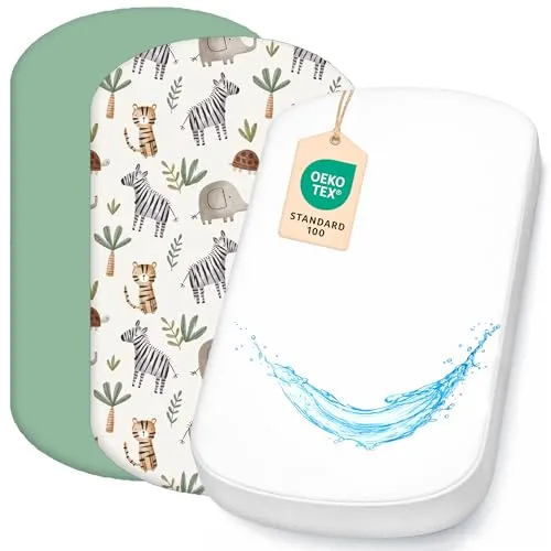 Lovely Hippo 2X Spannbettlaken Kinderwagen 100% Baumwolle + 1X Wasserdichter Matratzenschoner – 3er Set 40x80– Für Stubenwagen & Kinderwagen