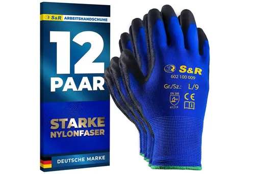 S&R Arbeitshandschuhe 12 Paar aus Nylonfaser mit Polyurethanbeschichtung (Set, 24-St., 12 Paar L / 9) geeignet für den privaten und gewerblichen Gebrauch
