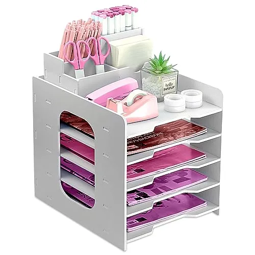 5-stöckige Briefablage Organizer, Holz Papier Ablageschale für Büroschreibtisch, A4 Schreibtisch Ordentlicher Organizer mit Stifthalter, Dokumentenhalter A4 Papier Ablageschalen für Zuhause, Büro