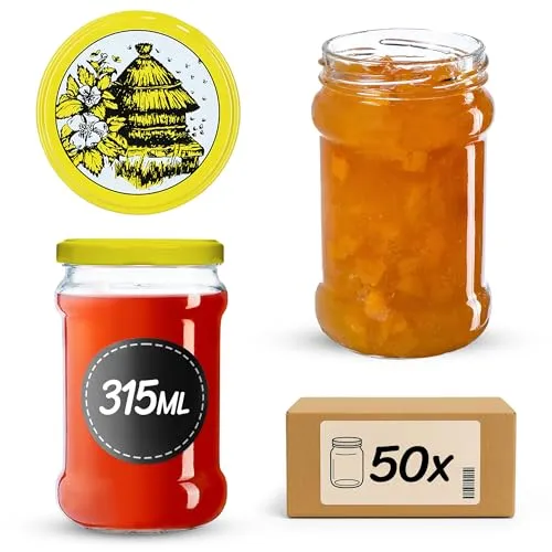 KADAX 50st Einmachgläser 315 ml mit fi66 mm Schraubdeckel für Honig, Dessert, Marmeladen | Luftdichte Gläschen, Einmachglas, Rundgläser, Konfitürengläser, Honiggläser (50 Stück, Bienenstock)