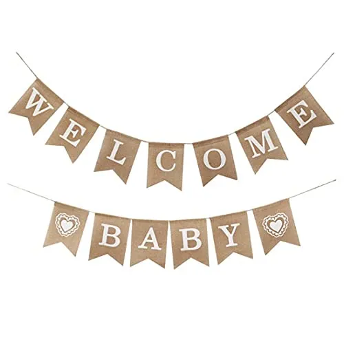 Aabellay Willkommen Baby Banner Leinen Welcome Baby Girlande Sackleinen Jute Stoff Wimpelkette Flaggen Rustikal Leinen Buchstaben Bunting Fahnen mit 13Stk Wimpeln für Zuhause Empfang Babyparty