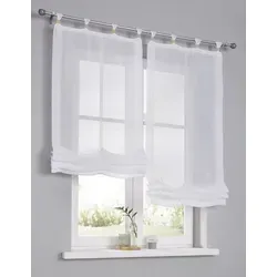 Raffrollo Raffgardine Brondby Boule weiß 80 x 140 cm - Hochwertige Raffgardine mit Schlaufen und dekorativen Zierkugeln aus Holz. Halbtransparent, lichtdurchlässig und höhenverstellbar für flexibles Lichtmanagement.