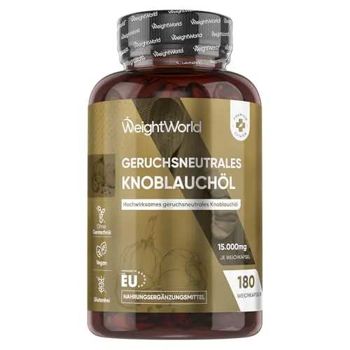 Knoblauch Weichkapseln - 15.000mg (500:1 Extrakt) - Geruchsneutrales Knoblauchöl - 180 vegane Garlic Softgels - Allicin für 6 Monate - Knoblauch Extrakt (Allium Sativum) in Softgels - WeightWorld