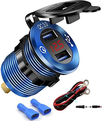 iMESTOU Quick Charge 3.0 USB Ladegerät Buchse Aluminium Dual USB Auto Steckdose Wasserdicht Marine Zigarettenanzünder Adapter 36W Schnellladung mit LED Voltmeter für 12/24V Boot Motorrad ATV Bus