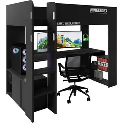 phoenix group AG MINECRAFT - Kojenbett Hochbett Gamingbett 120x90cm, mit integrierter Beleuchtung und viel Stauraum in Schwarz Carbon Optik