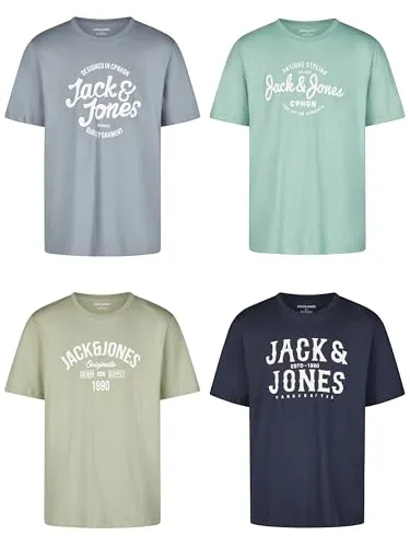 Jack & Jones T-Shirt Herren Regular Fit JJLINO 4er Pack - Herren-Shirts im praktischen 4er-Pack, aus 100% Baumwolle für Atmungsaktivität und hohen Tragekomfort – ideal für Freizeit, Sport und Urlaub.