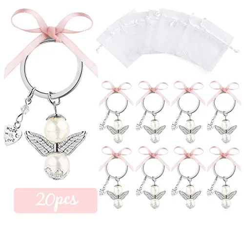 ABSOFINE 20 Stück Schutzengel & 20 Organza Beutel Gastgeschenke Rosa Gäste Anhänger Perlenengel für Hochzeit Taufe Weihnachten Geburtstag Konfirmation Geschenk