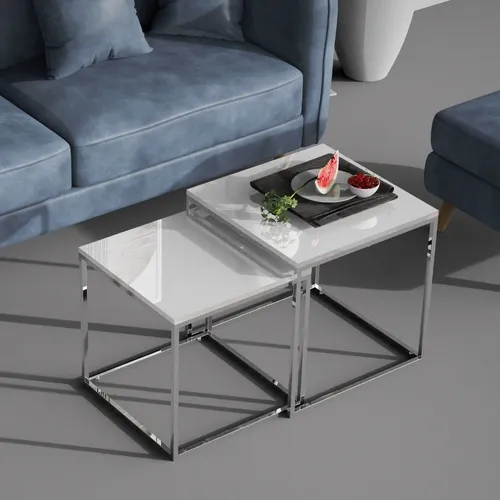 2er Set Design Beistelltisch MENTO in Weiß Hochglanz - Elegantes Beistelltisch-Set für Ihr Wohnzimmer, gefertigt aus hochwertigem MDF und Edelstahl. Die modern gestalteten Tische bieten praktische Ablagefläche und werten jeden Raum stilvoll auf.