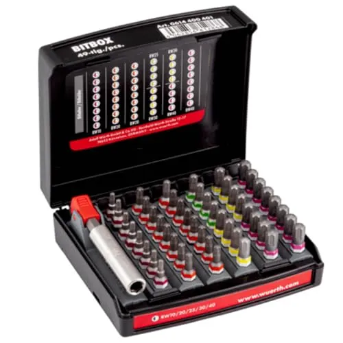 Würth Bitbox RW 49 Teile Set - Werkzeug-Sets mit 49 Teilen, inklusive 48 RW Bits und einem Bithalter, ideal für präzises Arbeiten dank Farbleitsystem für einfache Bit-Auswahl.