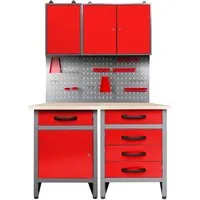 Ondis24 Werkstatt Set Entdecker 120 cm - 2 Schränke in Rot - Hobelbänke - Praktisches Werkstatt Set mit 2 Werkbänken und 2 Werkstattschränken, inklusive abschließbarem Schrank und stabilen Lochwänden für optimale Organisation.