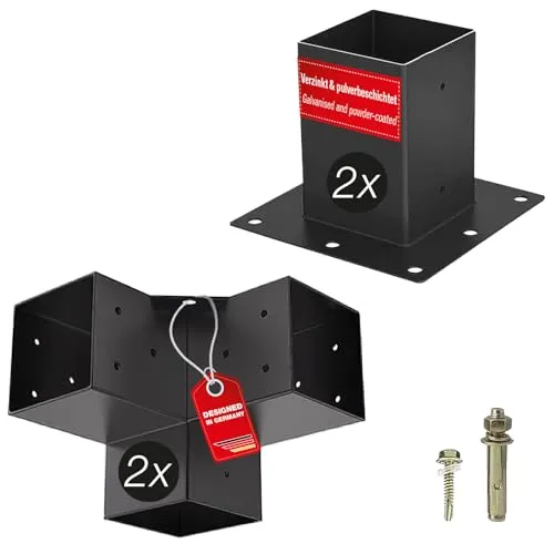 Sotech Holzverbinder / Bodenanker Vierkant, Stahl Verzinkt Und Schwarz Pulverbeschichtet Für Höchsten Korrosionsschutz, Anbau Set 4-tlg (2x Eckverbinder + 2x Bodenhülse)