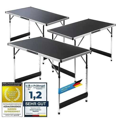 Multifunktionstisch 3er Set - Tapeziertisch, Campingtisch, Verkaufstisch - 3-fach höhenverstellbare Klapptische im Set, ideal für Flohmärkte, Partys oder Camping mit nur 3,9 kg pro Tisch.
