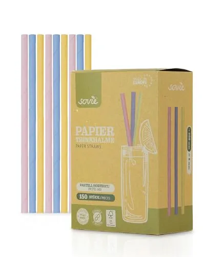 Mank Trinkhalme aus Papier, Papiertrinkhalme, Papphalme, Papierhalme, Umweltfreundlich, Robust & Vielseitig einsetzbar, Strohhalme (150, Pastell Gelb, Rosa, Blau sortiert, Ø 8 mm / 20 cm)