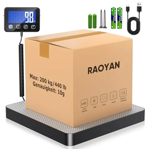 RAOYAN Paketwaage, 200kg/10g Hochpräzise Digitale Plattformwaage mit Halte/Tara Funktion, Postwaage mit Wandmontiertem LCD Display für Pakete/Gepäck/Lager, Batterien und Ladekabel im Lieferumfang