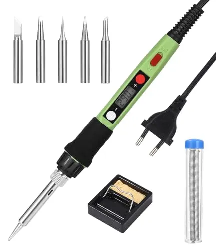 Zawaer Lötkolben Set, 80W LED Lötkolben mit Einstellbare und Verriegelte Temperaturen 180℃-500℃, mit ON/OFF,10g Lötdraht, 5 Lötspitzen, Lötset für Elektrische Arbeiten und Hausgebrauch.