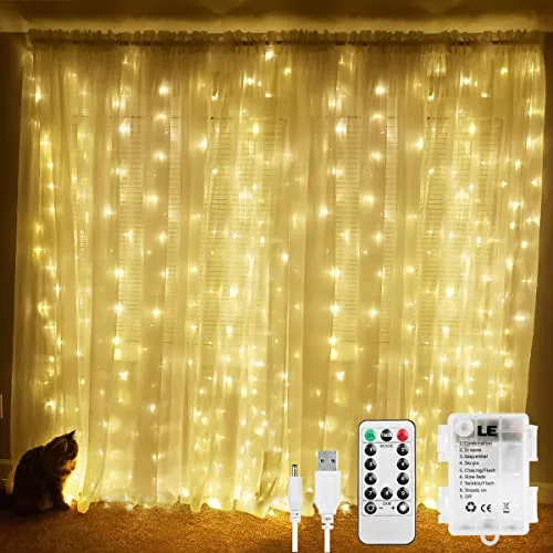 LE Lichtervorhang 3 * 3m, USB Lichterketten Vorhang 300 LEDs Warmweiß, 8 Modi Dimmbare Kupferdraht, Lichterkette Batterie für Außen Innen Deko Schlafzimmer, Partydekoration, Weihnachten, Hochzeit
