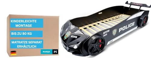 MARQA Polizeiauto Kinderbett 90x200 | Autobett für kleine Rennfahrer - Betten für Kinder: Cooles Polizeiauto-Design mit Spoiler und sportlichen Felgen, inklusive Rollrost und 18 cm Matratze für sofortigen Schlafkomfort. Robust und sicher, ideal für Kinder und Jugendliche!