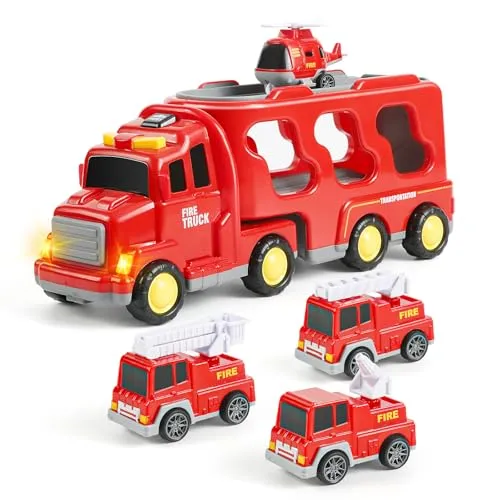 Weinsamkeit Spielzeug Auto ab 2 Jahren Feuerwehrauto Spielzeug für Kleinkinder 5 in 1 Kinder Transporter LKW mit Licht und Musik Weihnachten Geburtstagsgeschenke für Jungen Mädchen 2-5 Jahre