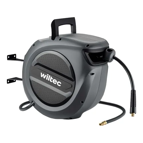 Wiltec Druckluft Schlauchtrommel 20 m - Schlauchaufroller mit 20 m Schlauchlänge, robustem PP-Gehäuse und 17 bar Druckbeständigkeit, ideal für effizientes Arbeiten in Werkstätten und Bauprojekten.