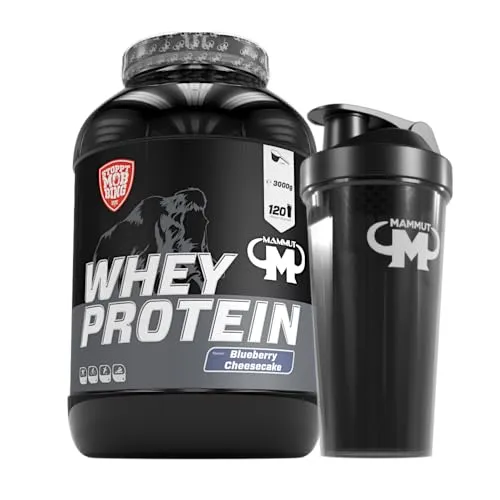 Mammut Whey Protein Eiweißshake 3 kg - Set mit Shaker und Blaubeer-Geschmack - Hochwertiges Wheyprotein für Muskelaufbau und -erhalt, mit optimaler Löslichkeit. 120 Portionen mit 27 g Protein pro Portion, ideal für Sportler.
