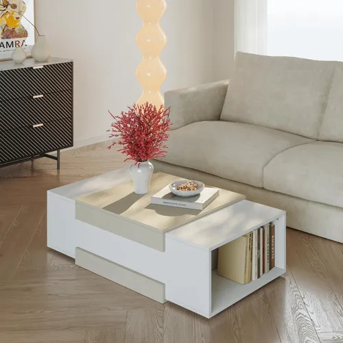 Couchtisch 'Eljak' - Moderner Wohnzimmertisch mit Ablagefächern - Eleganter Couchtisch in Weiß/Sandfarben mit zwei offenen Ablagefächern. Ideal für Bücher und Snacks, sorgt für Ordnung und Stil in Ihrem Wohnraum. Pflegeleichte Oberfläche und einfacher Aufbau.