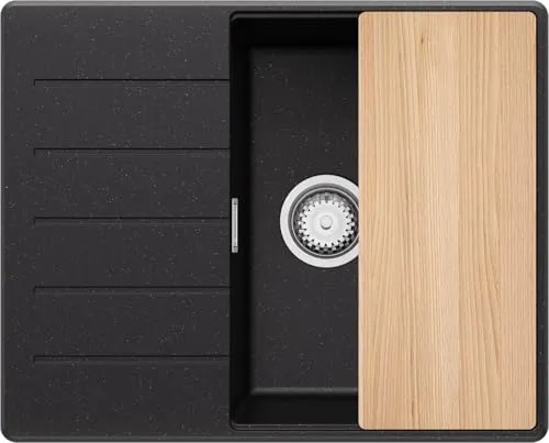 PRIMAGRAN Spülbecken Schwarz Metallic 62x50cm, Granitspüle 1 Becken + Ablauf-Set + Schneidebrett, Küchenspüle ab 45er Unterschrank - Kopenhagen S213