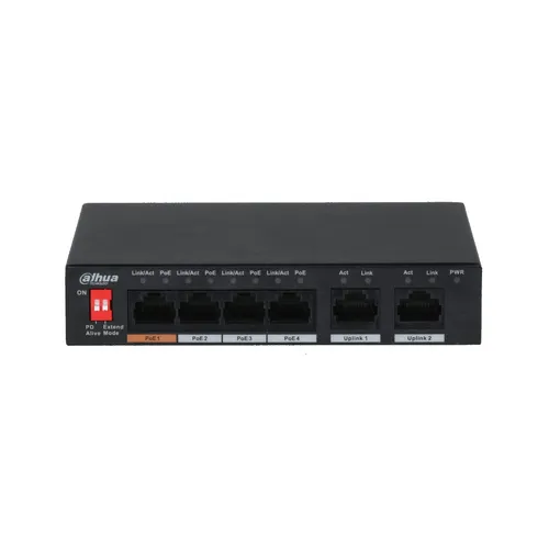 Dahua 4 Porte +2 Unmanaged Desktop Switch PoE PFS3006-4ET-60-V2 - Netzwerk-Switch, unterstützt PoE für einfache Stromversorgung und Datenübertragung über ein Kabel, ideal für Überwachungssysteme.