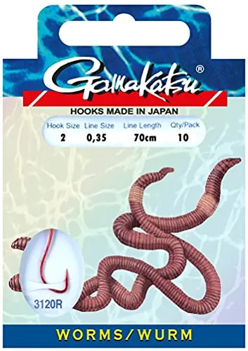 Tauwurmhaken - WORMS - Gamakatsu Vorfachhaken - 3120R - Größe: 2 - Vorfach Ø : 0,35m - - Farbe: Rot - Länge: 70cm